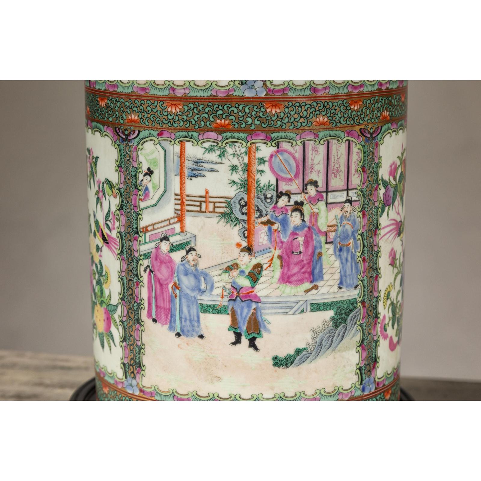 Pair of Round Hand-Painted Rose Medallion Table Lamps