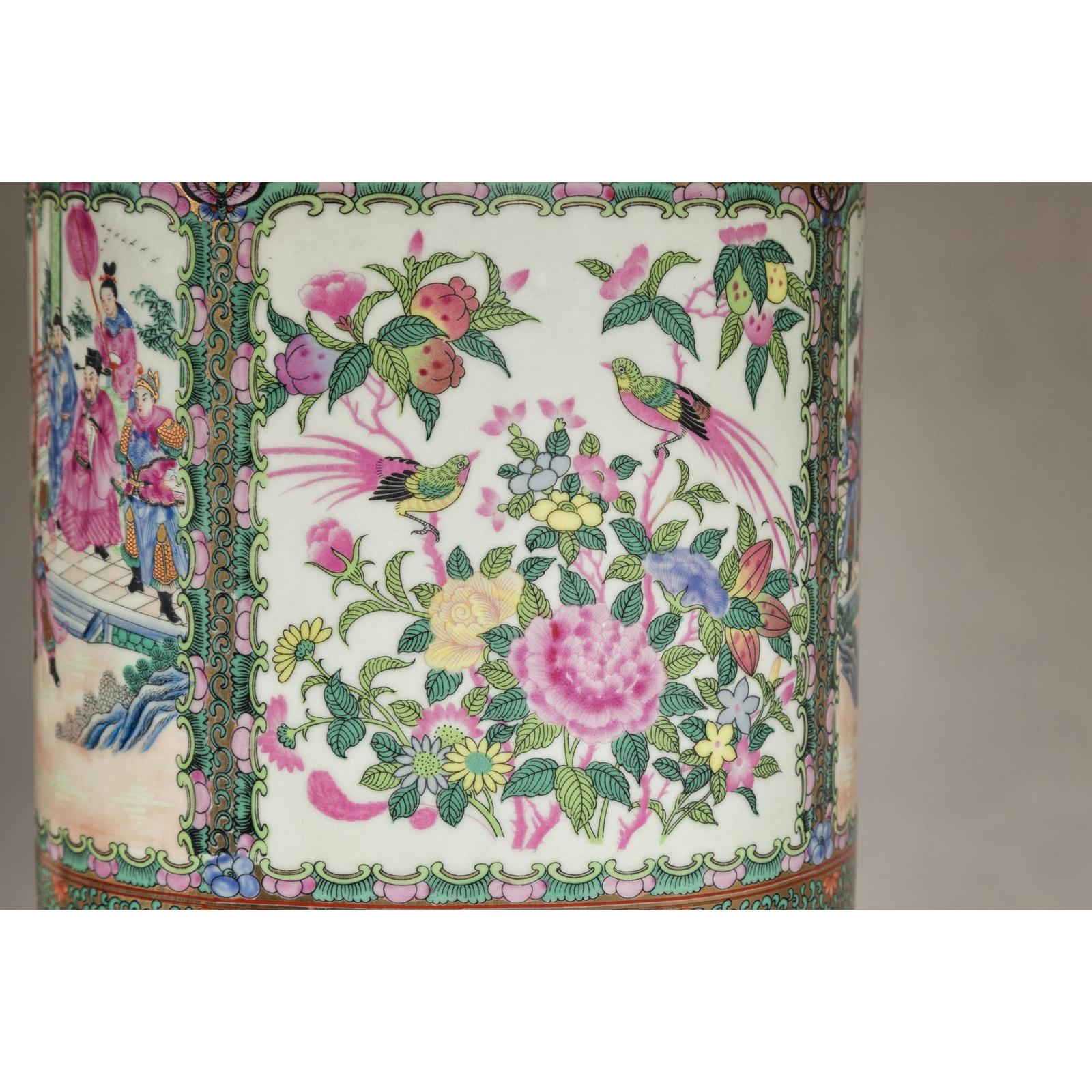 Pair of Round Hand-Painted Rose Medallion Table Lamps