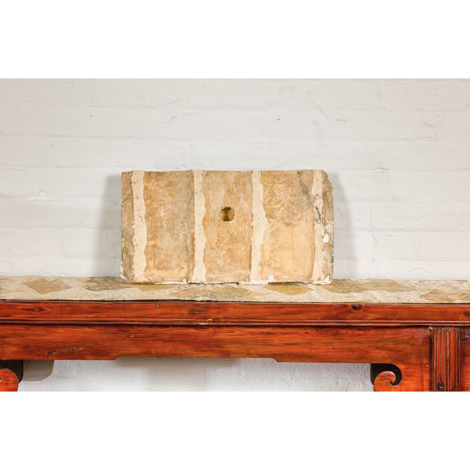 Qing Dynasty Tricolor Raised Relief Roof Fragment from Temple with Boy in Leaves