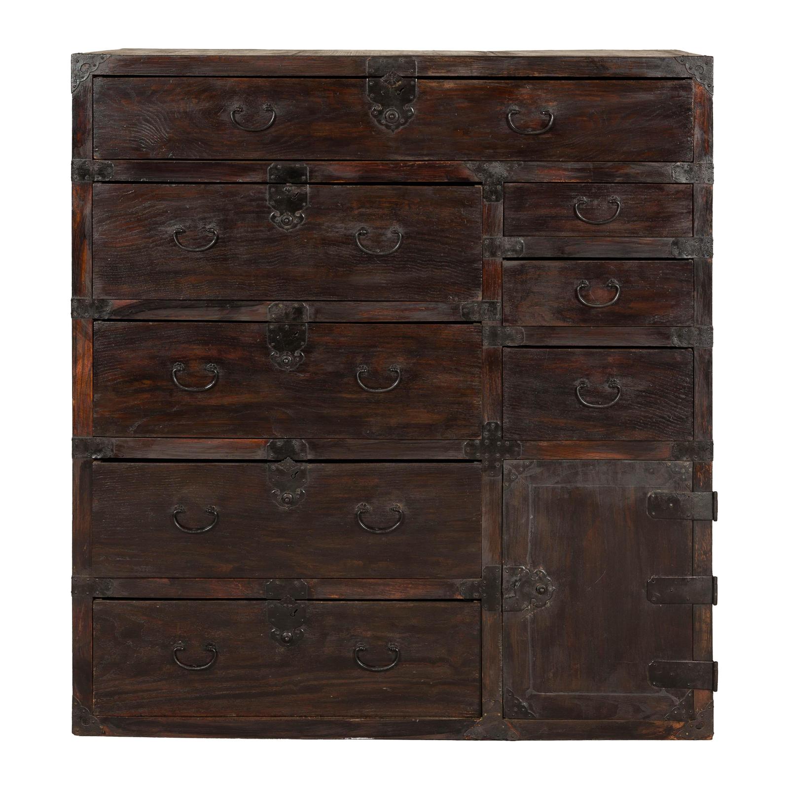 Early Meiji Keyaki Sendai Isho-Dansu Chest with Iron Hardware and Storage