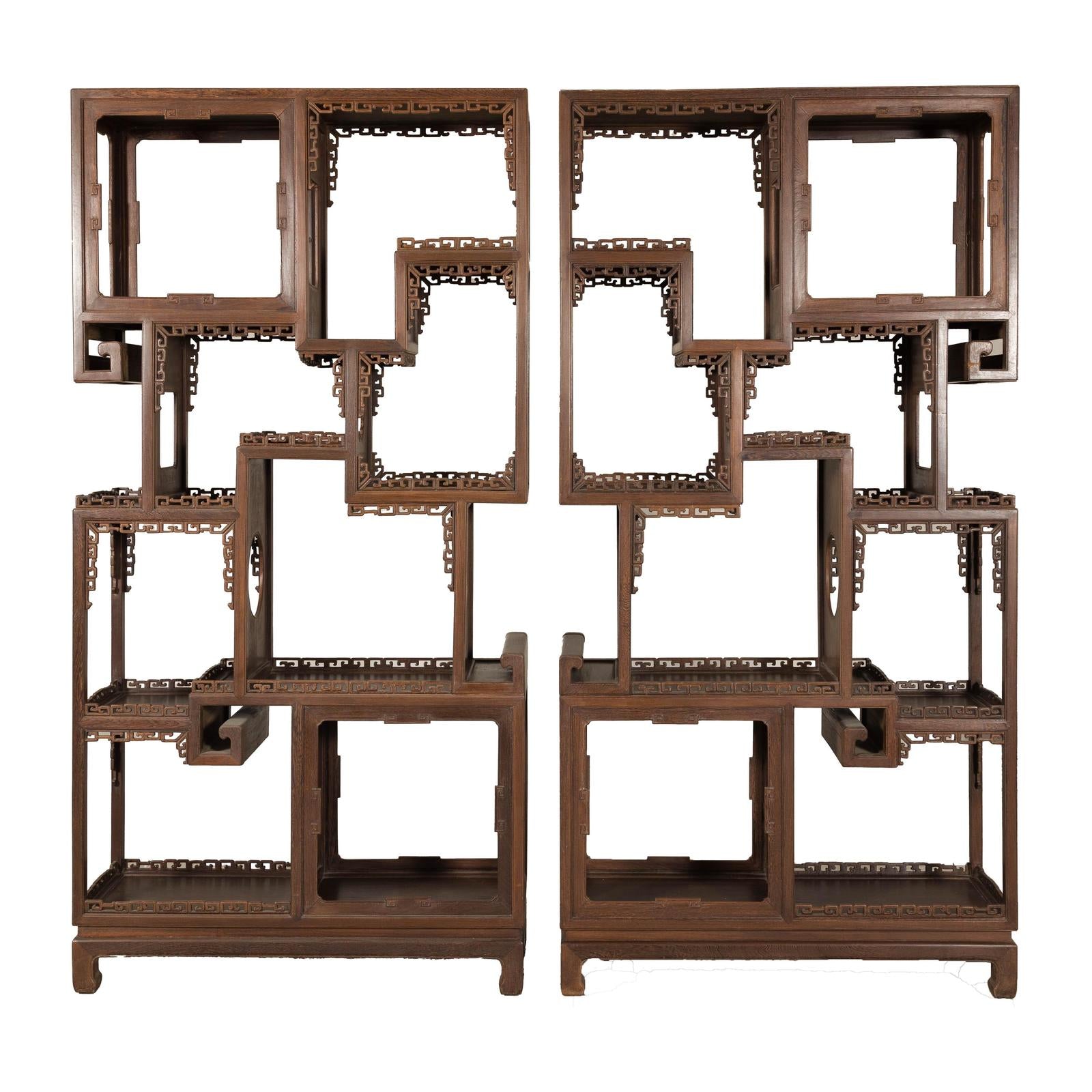Pair of Late Qing Dynasty Brown Lacquered Display Shelves with Fretwork Motifs