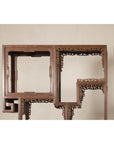 Pair of Late Qing Dynasty Brown Lacquered Display Shelves with Fretwork Motifs