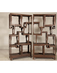 Pair of Late Qing Dynasty Brown Lacquered Display Shelves with Fretwork Motifs