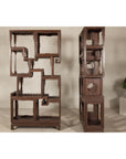 Pair of Late Qing Dynasty Brown Lacquered Display Shelves with Fretwork Motifs