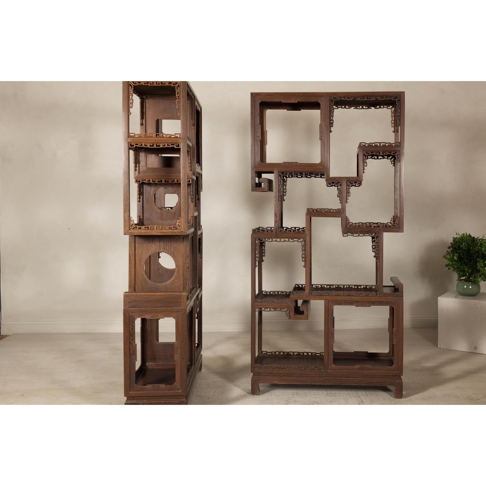 Pair of Late Qing Dynasty Brown Lacquered Display Shelves with Fretwork Motifs