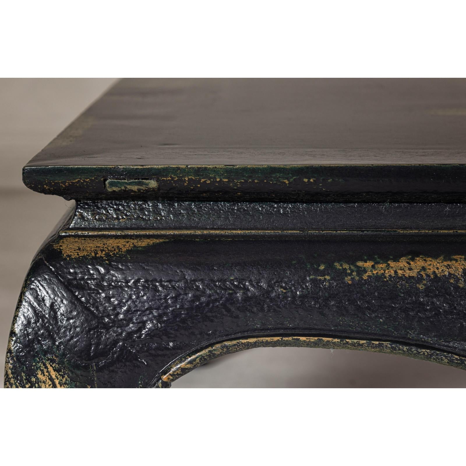 Distressed Dark Blue Chow Leg Coffee Table with Ocher Accents and Waisted Apron