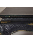 Distressed Dark Blue Chow Leg Coffee Table with Ocher Accents and Waisted Apron