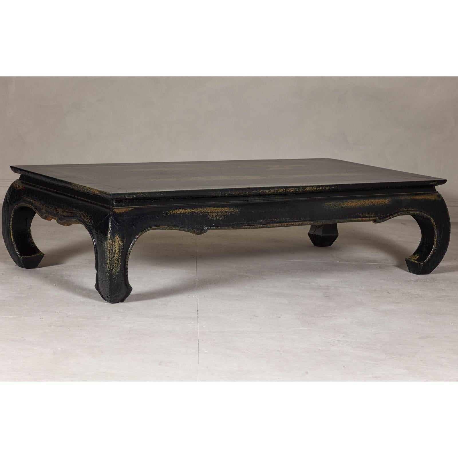 Distressed Dark Blue Chow Leg Coffee Table with Ocher Accents and Waisted Apron