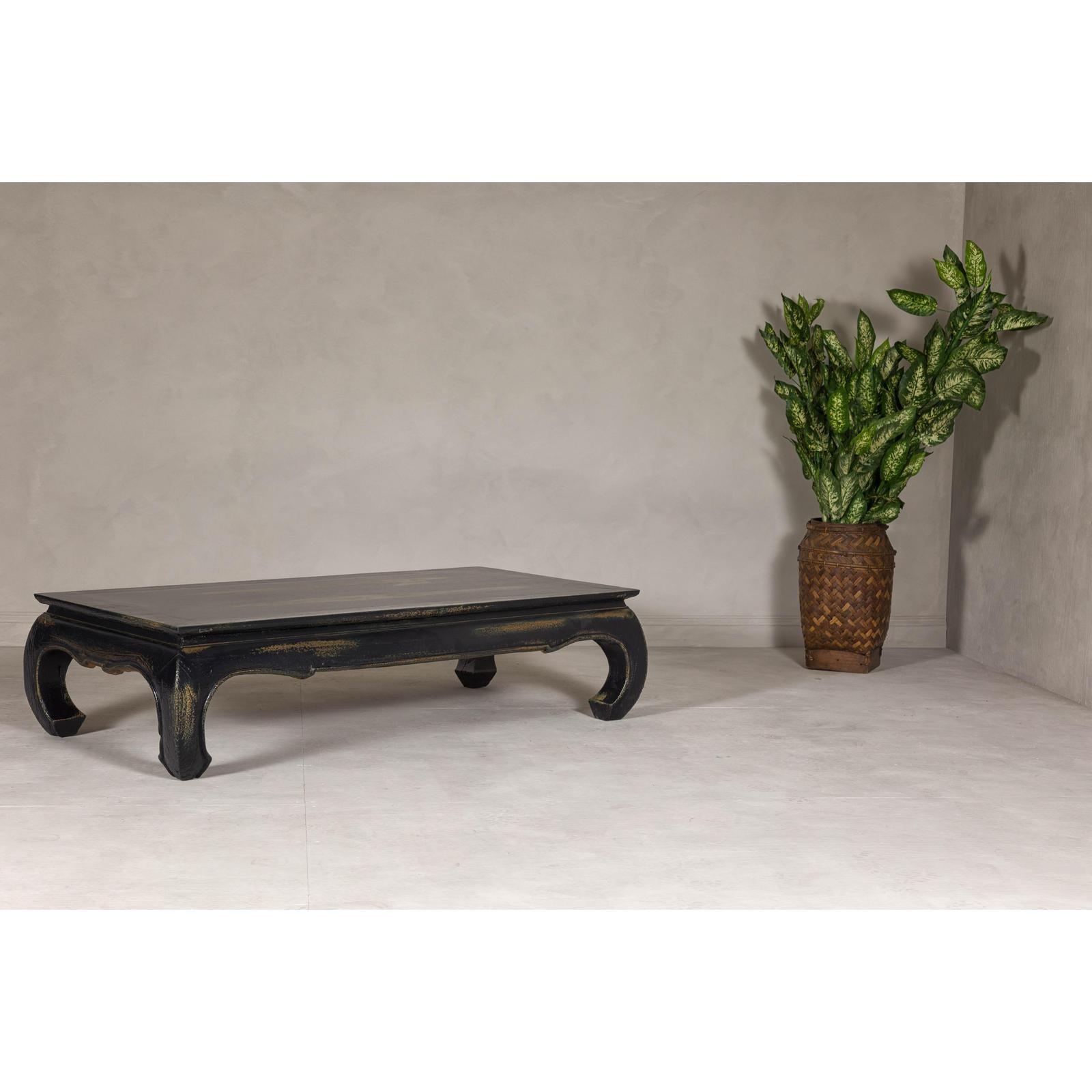 Distressed Dark Blue Chow Leg Coffee Table with Ocher Accents and Waisted Apron