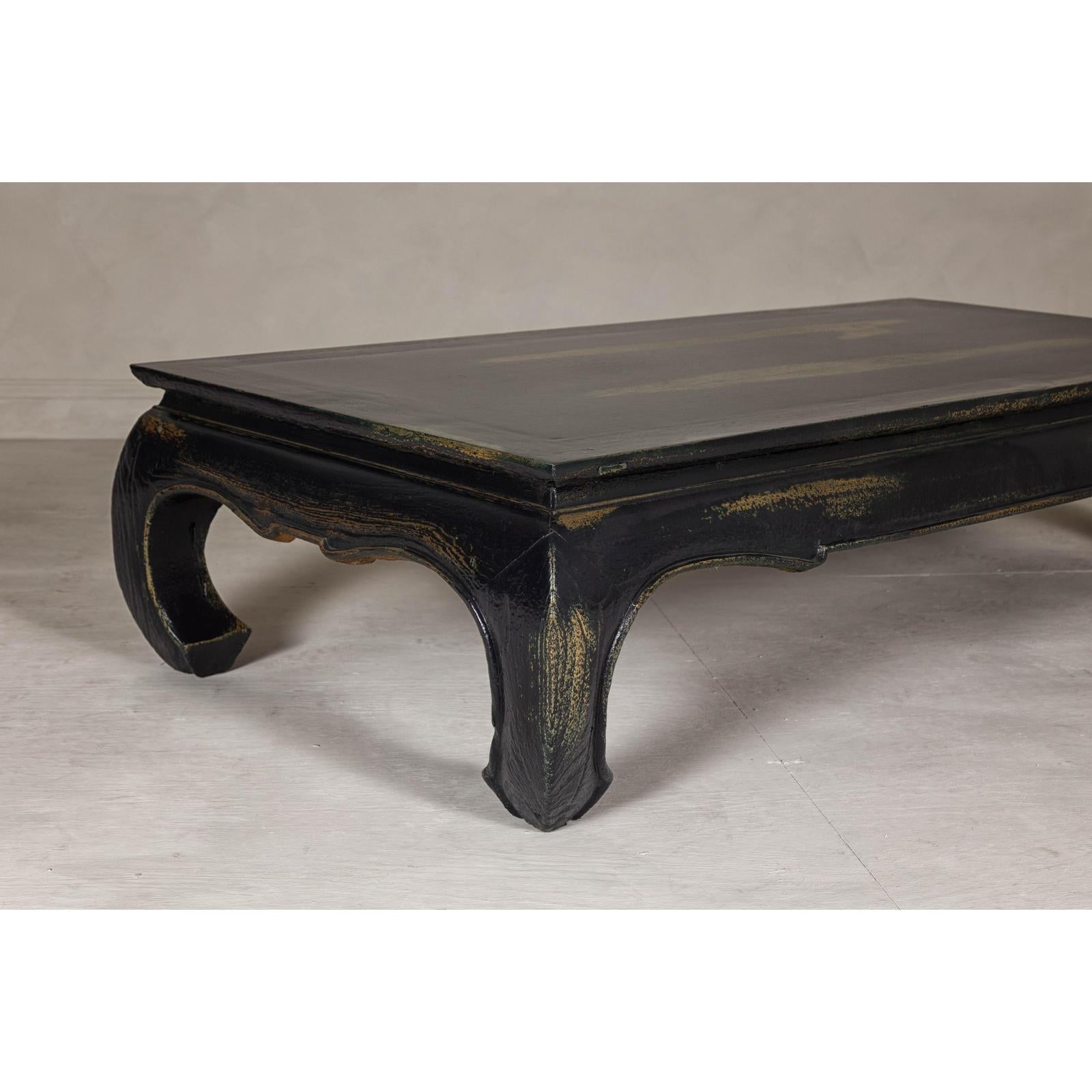 Distressed Dark Blue Chow Leg Coffee Table with Ocher Accents and Waisted Apron
