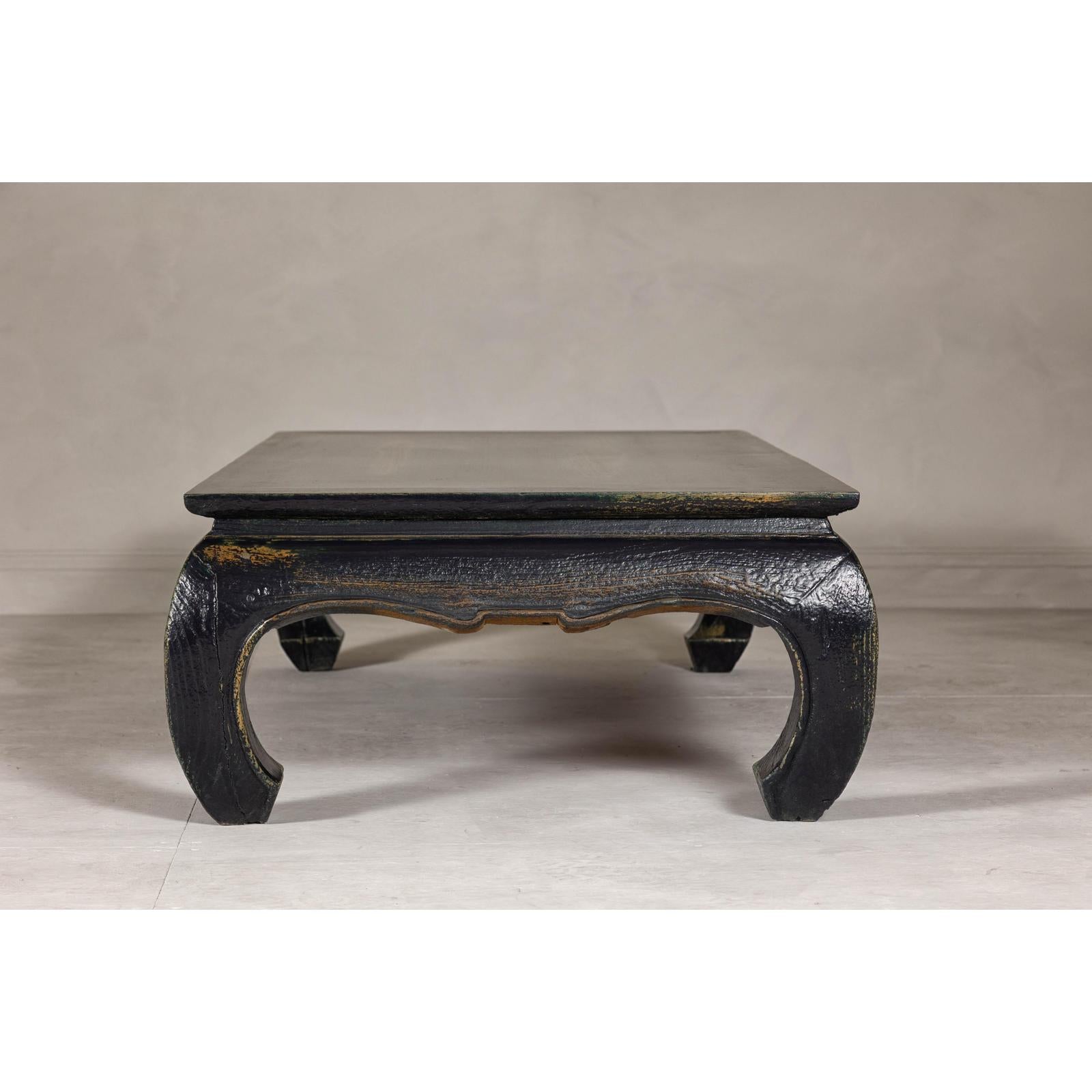 Distressed Dark Blue Chow Leg Coffee Table with Ocher Accents and Waisted Apron