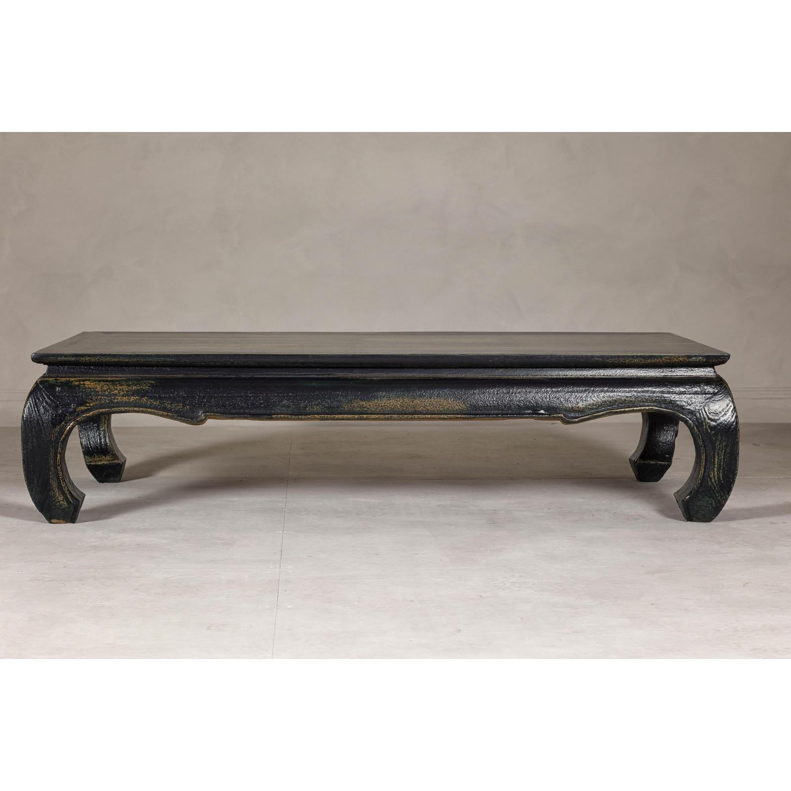 Distressed Dark Blue Chow Leg Coffee Table with Ocher Accents and Waisted Apron