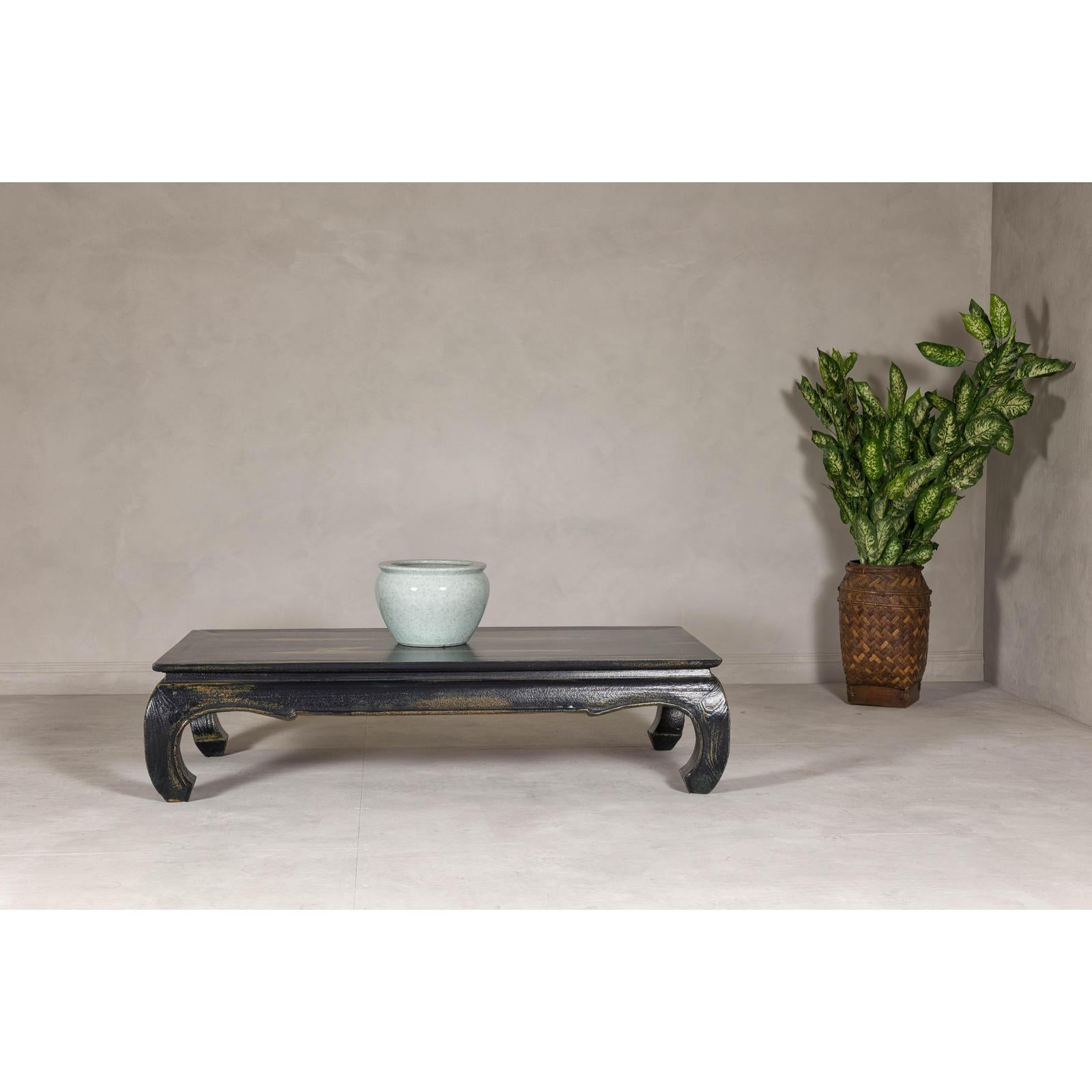 Distressed Dark Blue Chow Leg Coffee Table with Ocher Accents and Waisted Apron
