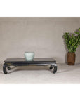Distressed Dark Blue Chow Leg Coffee Table with Ocher Accents and Waisted Apron