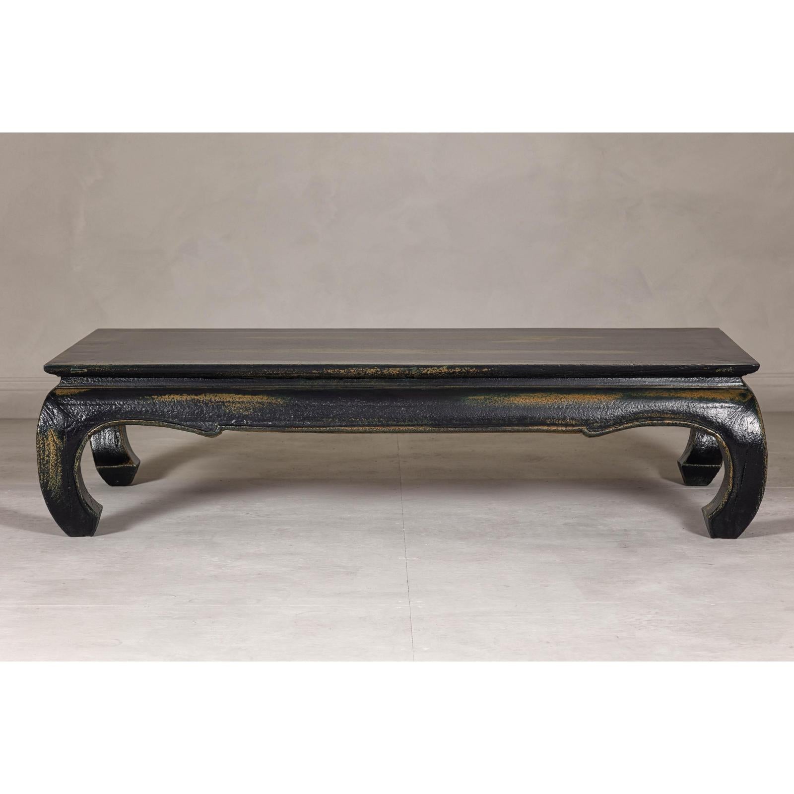 Distressed Dark Blue Chow Leg Coffee Table with Ocher Accents and Waisted Apron