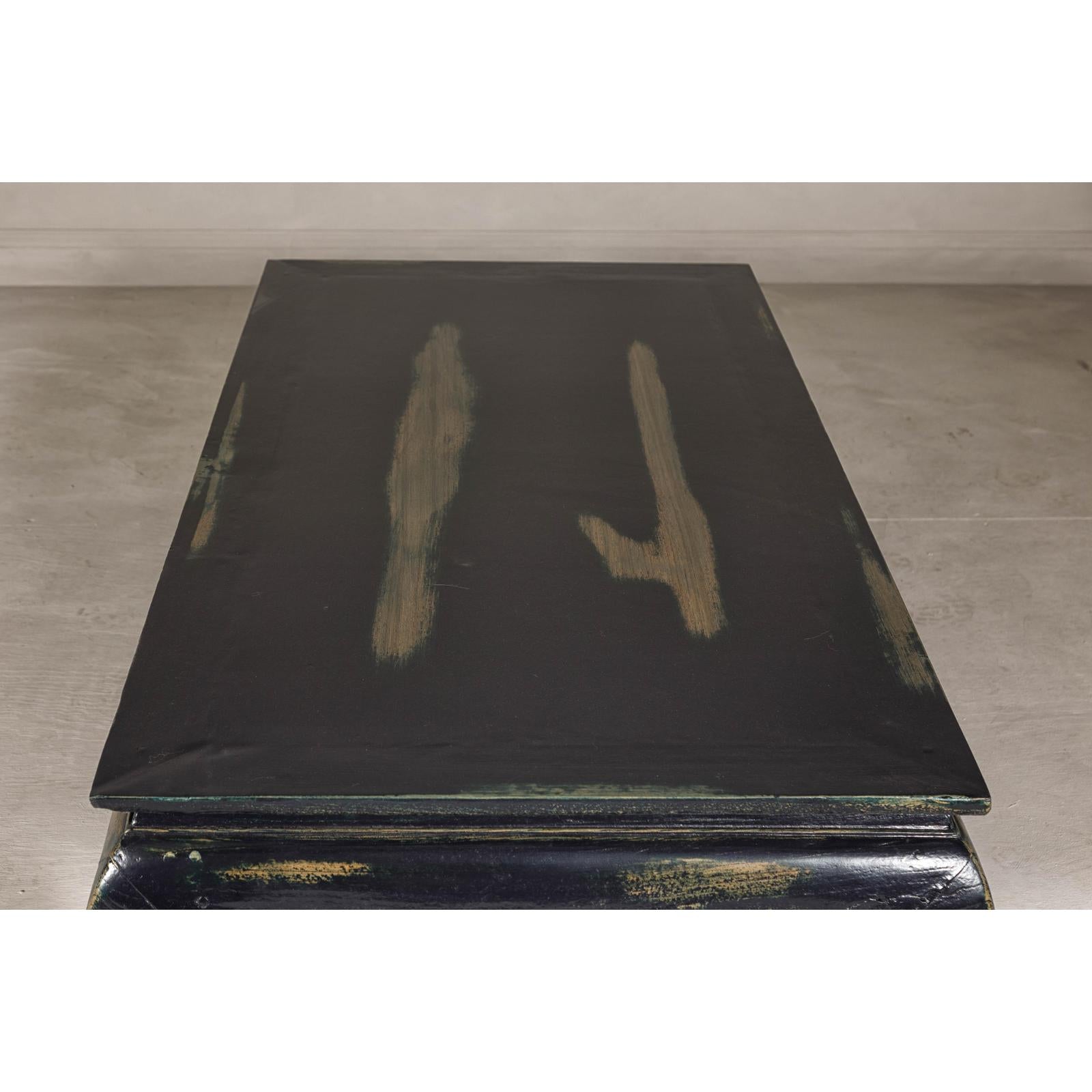 Distressed Dark Blue Chow Leg Coffee Table with Ocher Accents and Waisted Apron