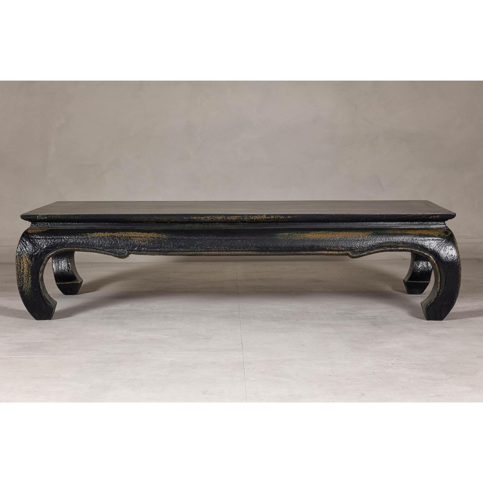 Distressed Dark Blue Chow Leg Coffee Table with Ocher Accents and Waisted Apron