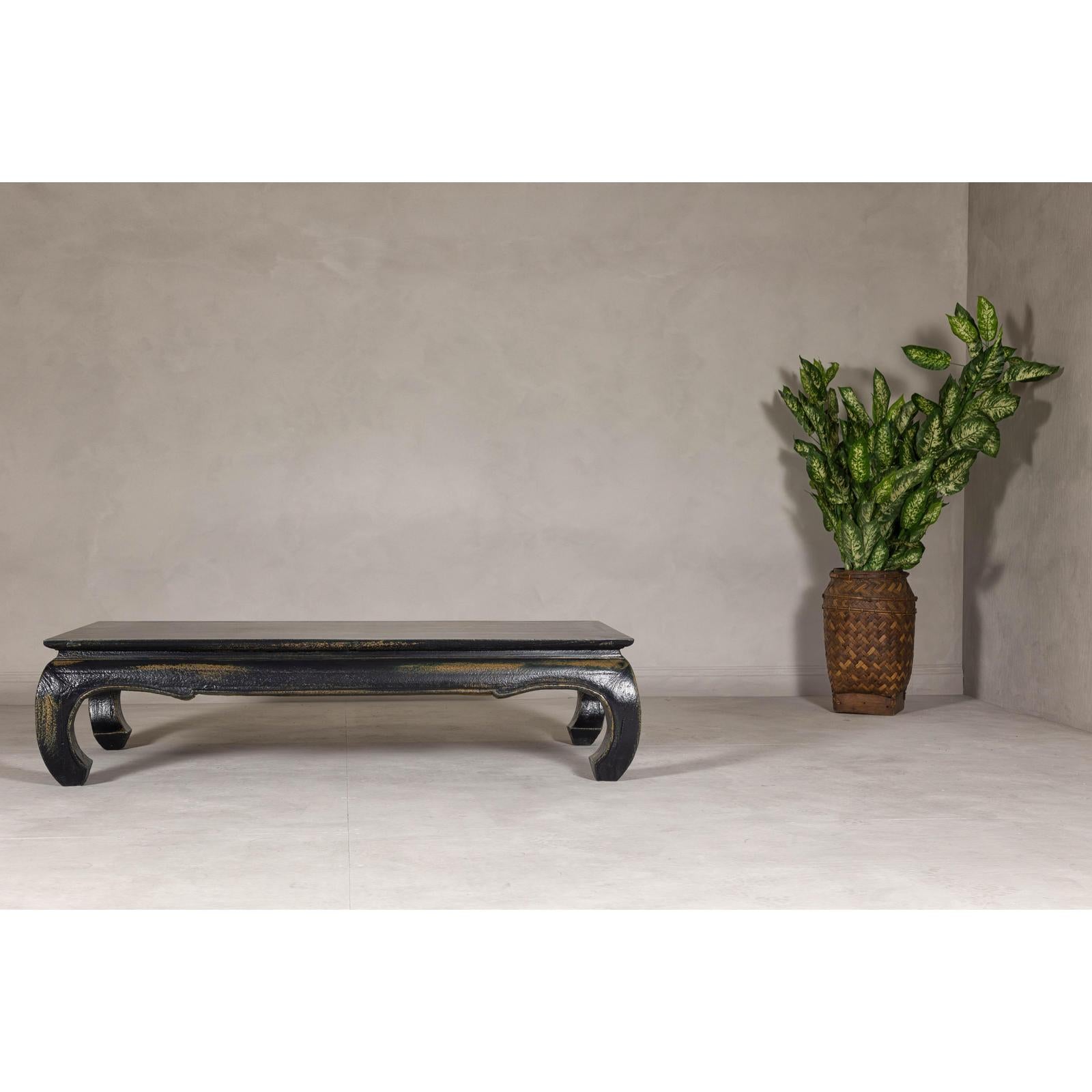 Distressed Dark Blue Chow Leg Coffee Table with Ocher Accents and Waisted Apron