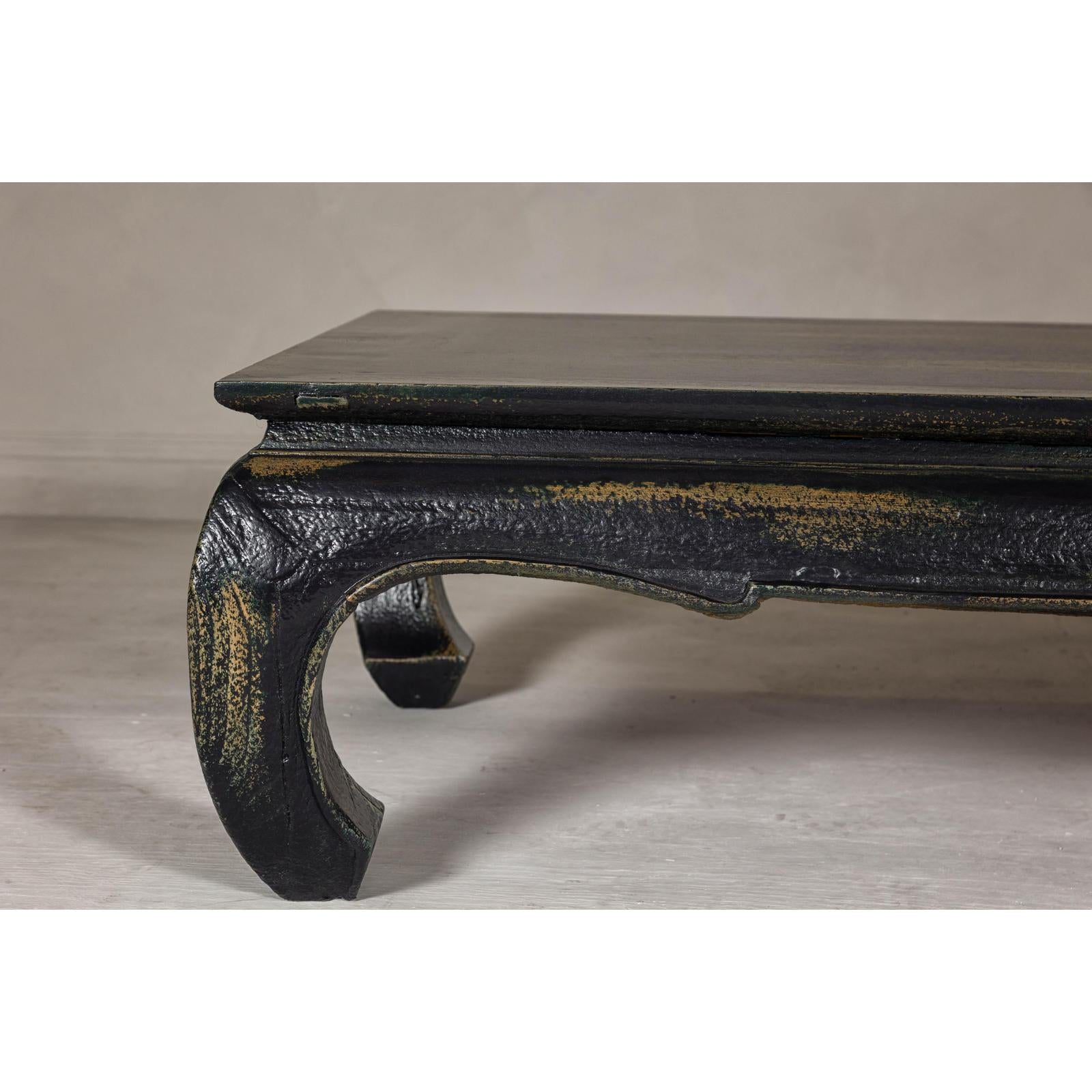 Distressed Dark Blue Chow Leg Coffee Table with Ocher Accents and Waisted Apron