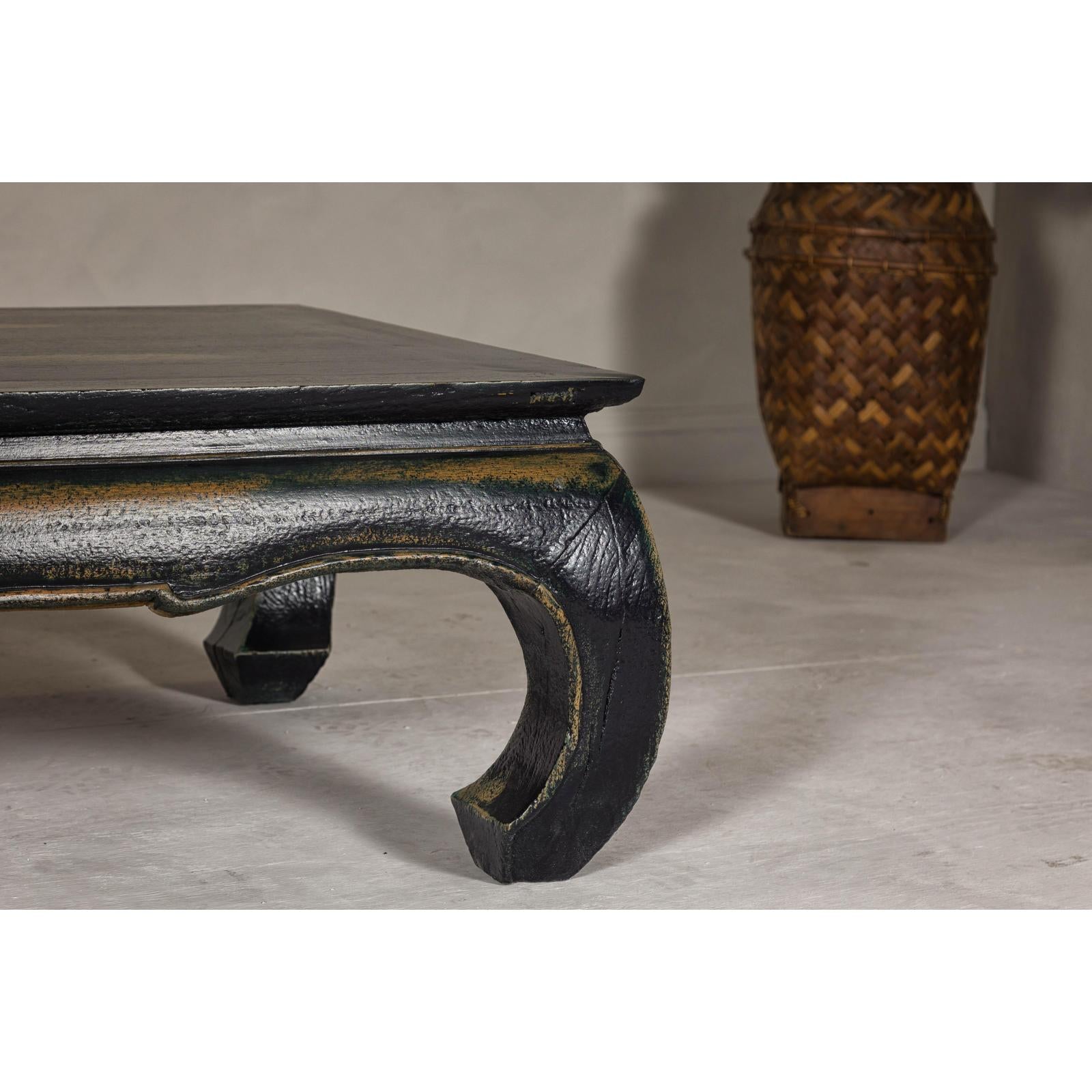 Distressed Dark Blue Chow Leg Coffee Table with Ocher Accents and Waisted Apron