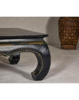 Distressed Dark Blue Chow Leg Coffee Table with Ocher Accents and Waisted Apron