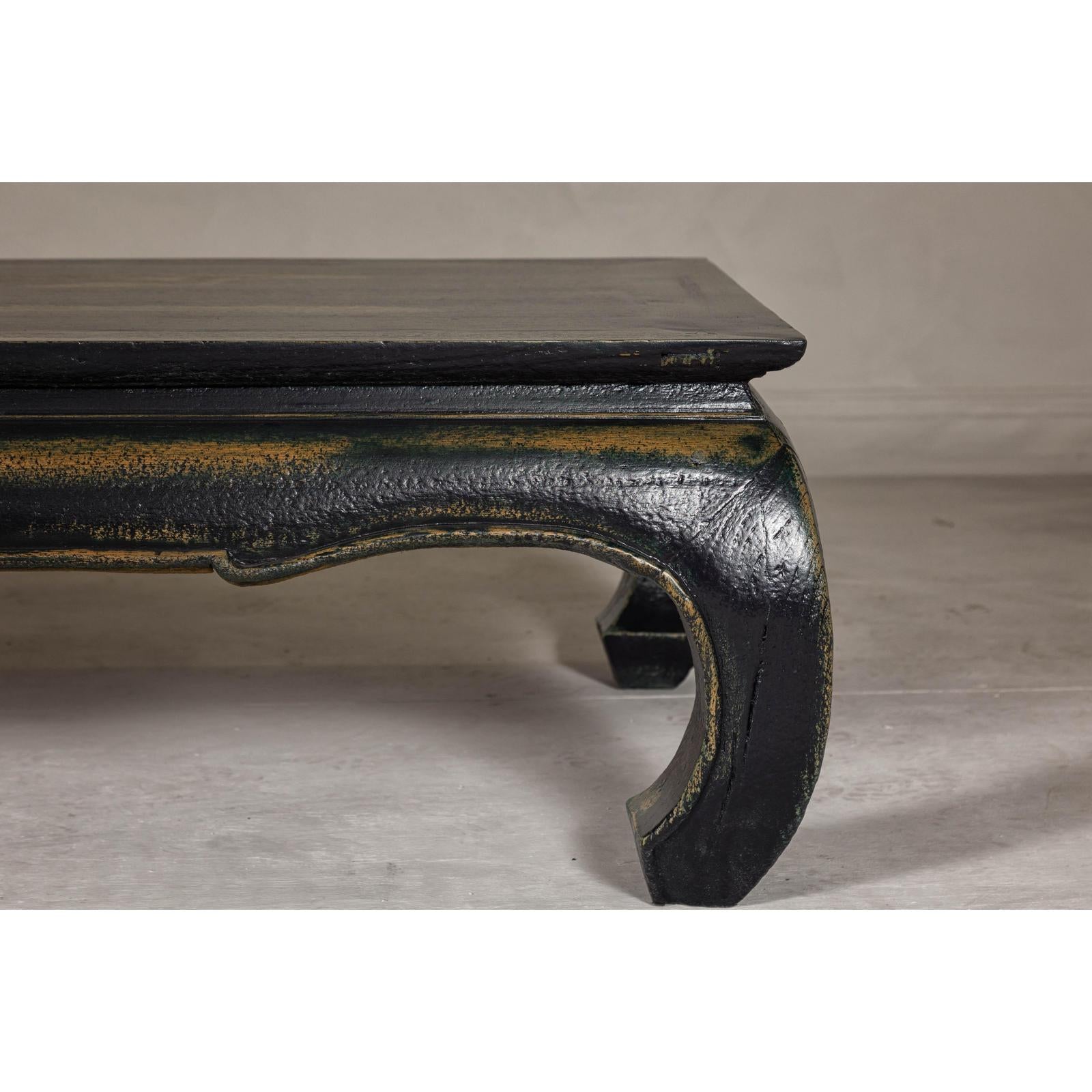 Distressed Dark Blue Chow Leg Coffee Table with Ocher Accents and Waisted Apron