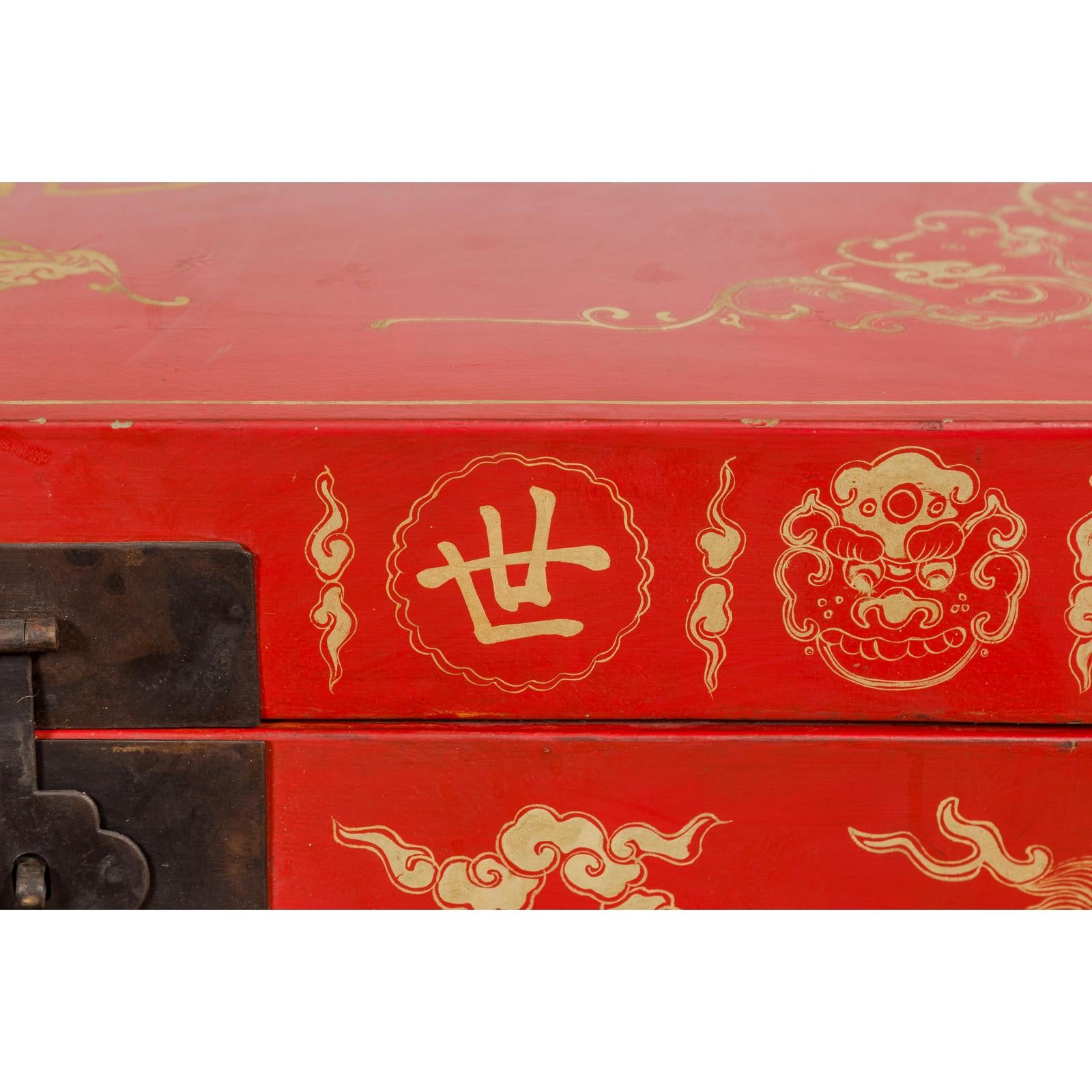 Red Blanket Chest with Gilded Bat & Guardian Lion Motifs