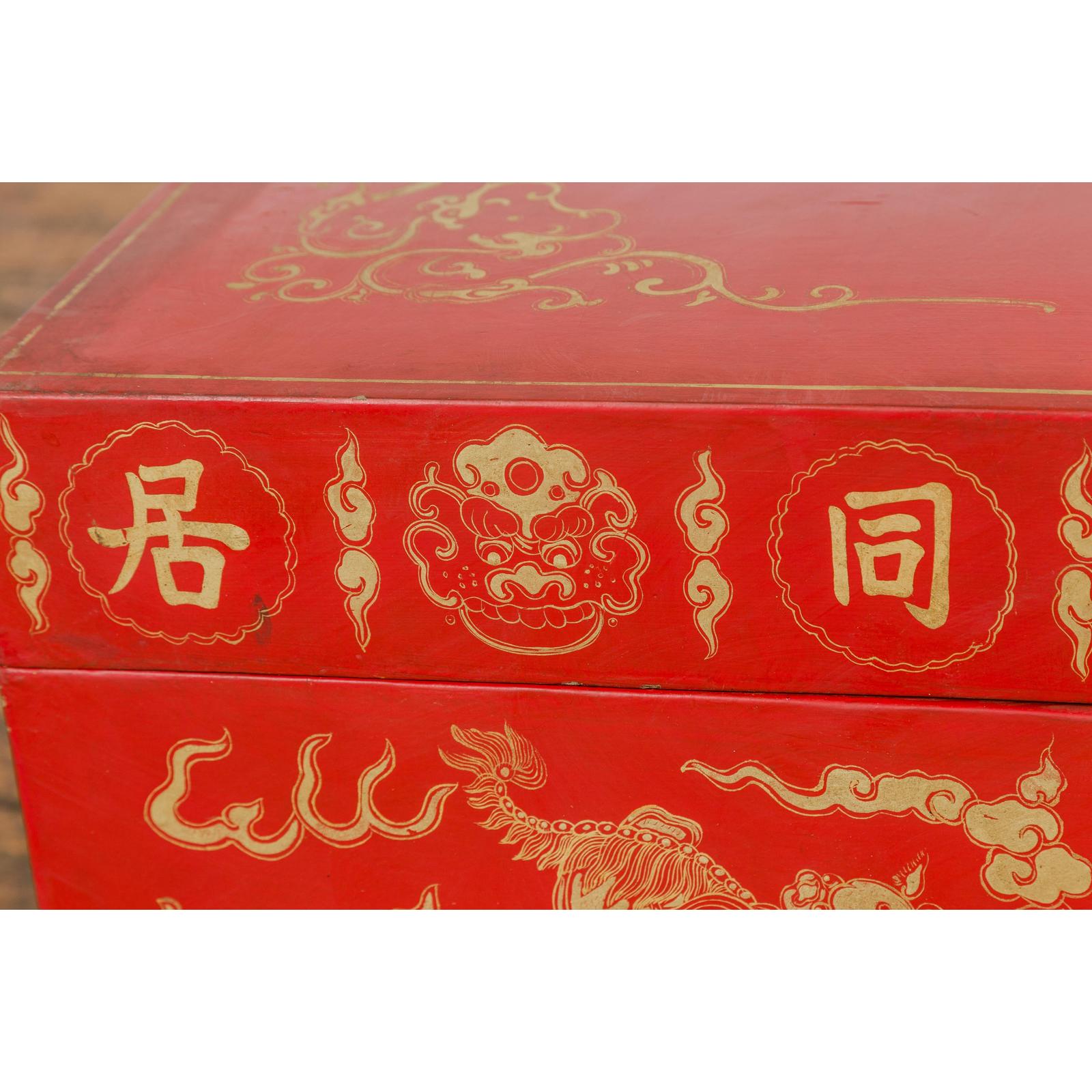 Red Blanket Chest with Gilded Bat & Guardian Lion Motifs