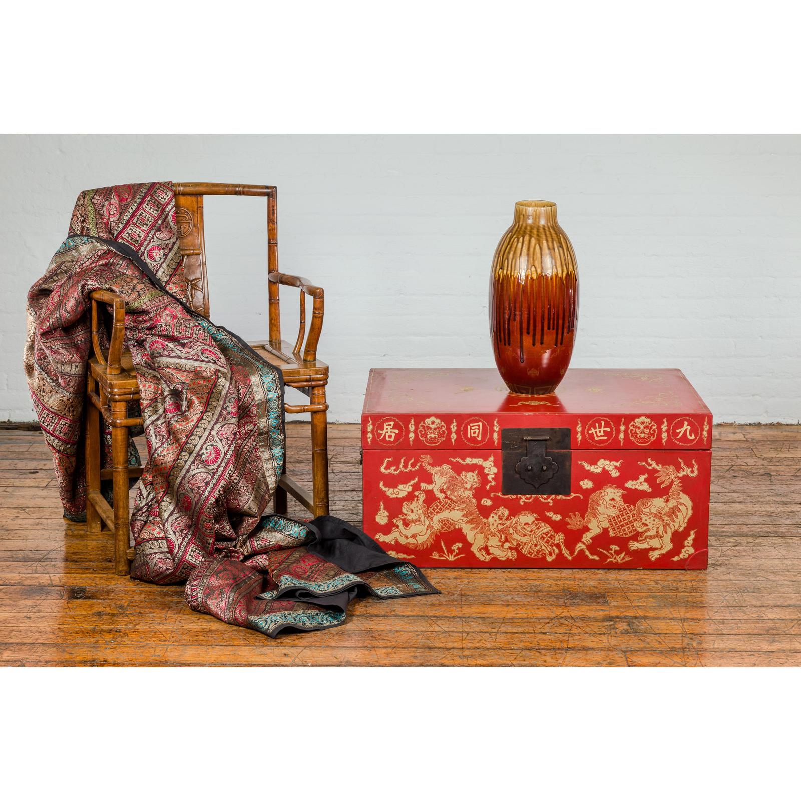 Red Blanket Chest with Gilded Bat & Guardian Lion Motifs