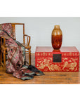 Red Blanket Chest with Gilded Bat & Guardian Lion Motifs
