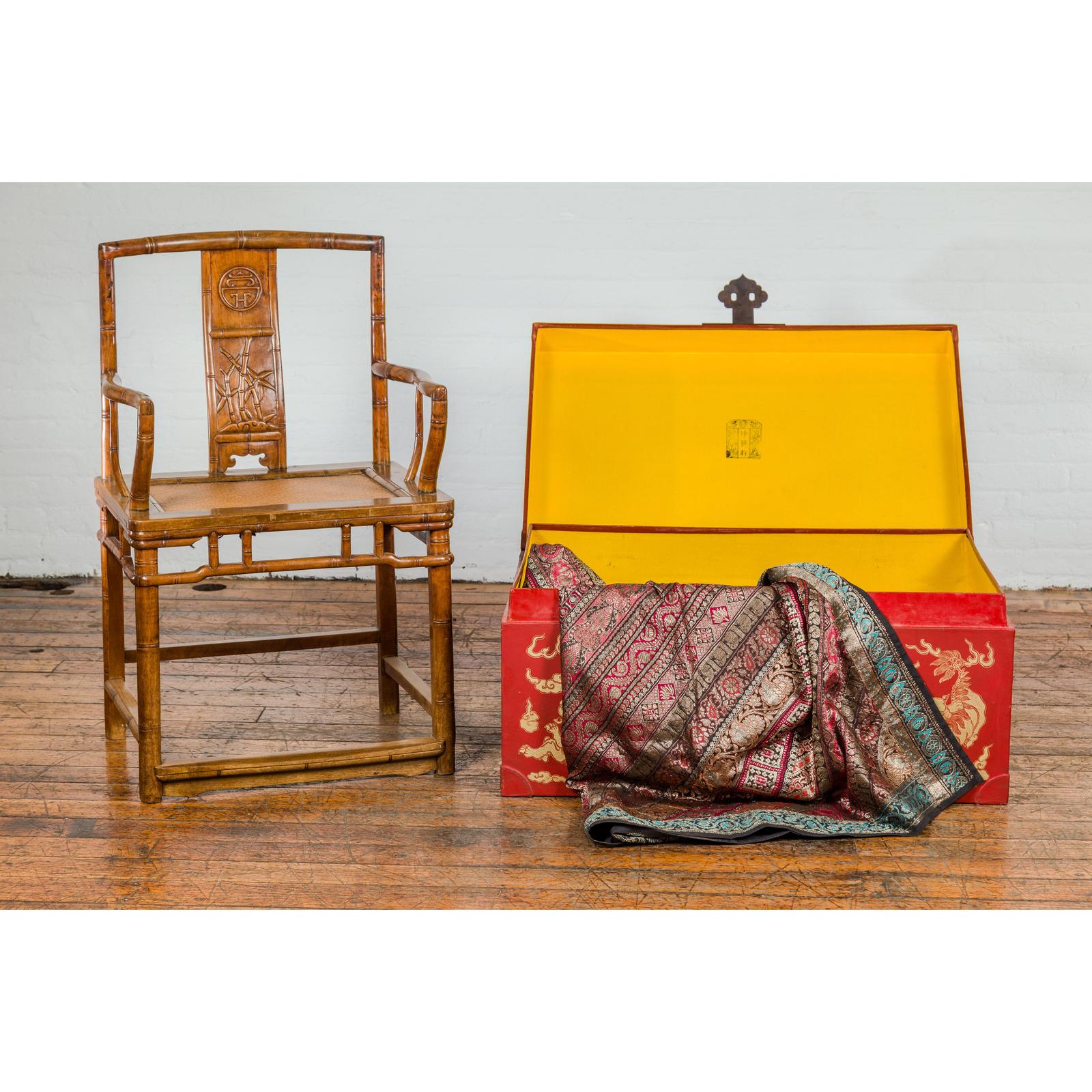 Red Blanket Chest with Gilded Bat & Guardian Lion Motifs