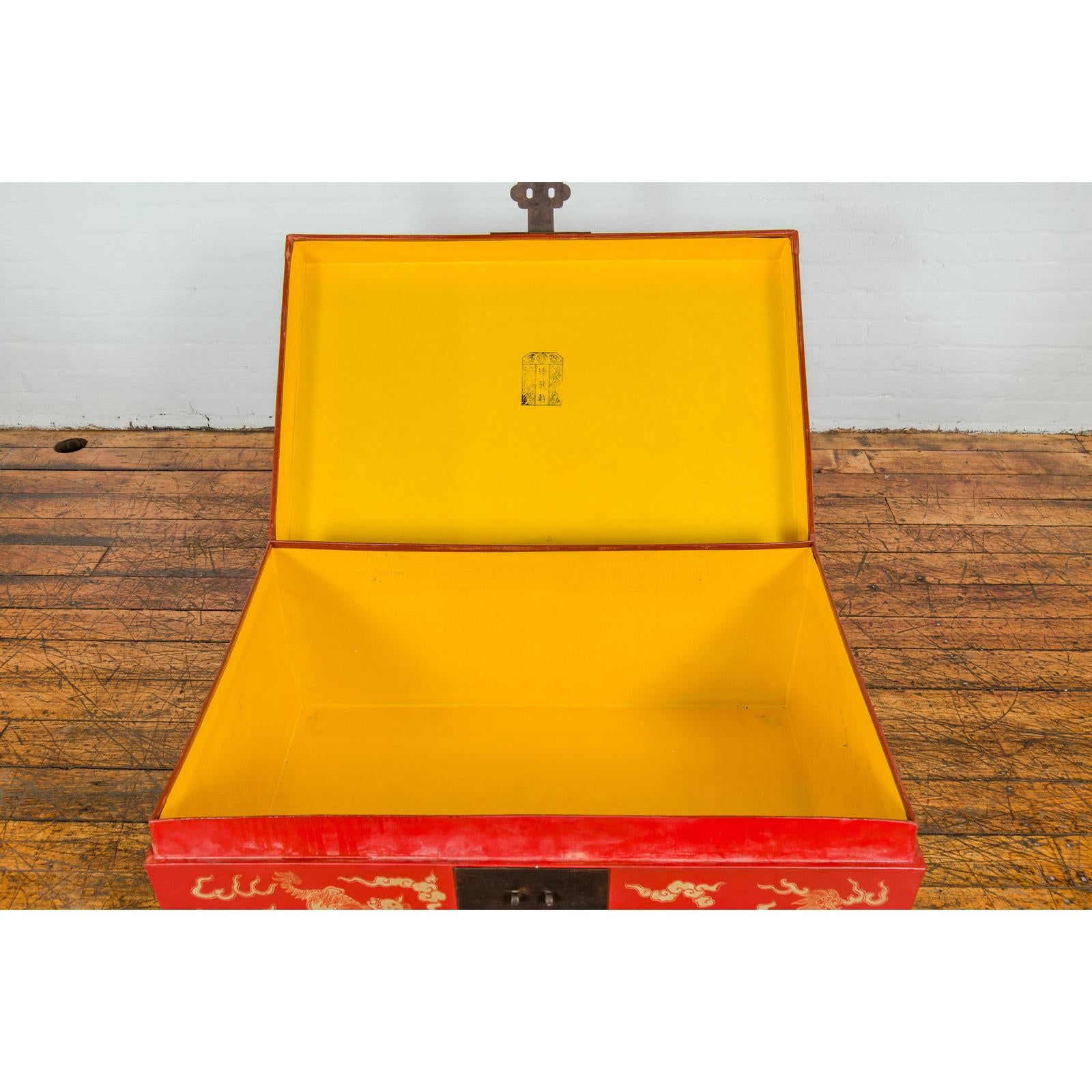 Red Blanket Chest with Gilded Bat & Guardian Lion Motifs