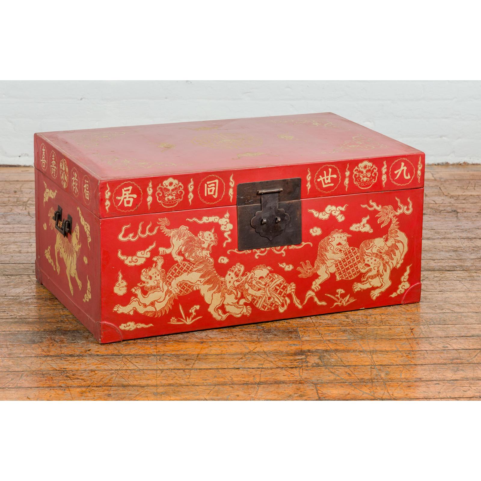 Red Blanket Chest with Gilded Bat & Guardian Lion Motifs