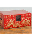 Red Blanket Chest with Gilded Bat & Guardian Lion Motifs