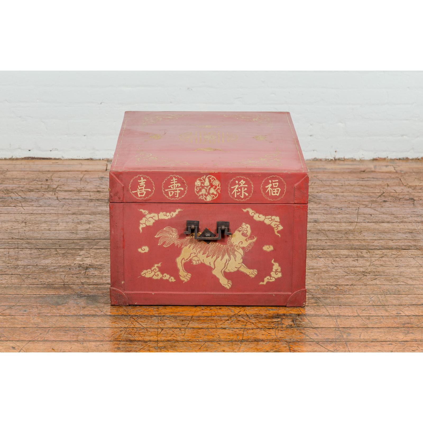 Red Blanket Chest with Gilded Bat & Guardian Lion Motifs