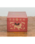 Red Blanket Chest with Gilded Bat & Guardian Lion Motifs