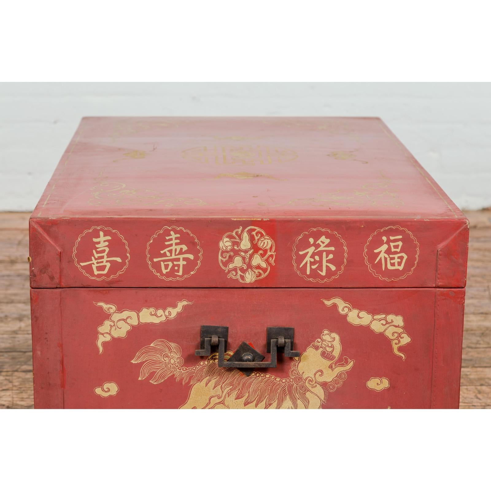 Red Blanket Chest with Gilded Bat & Guardian Lion Motifs