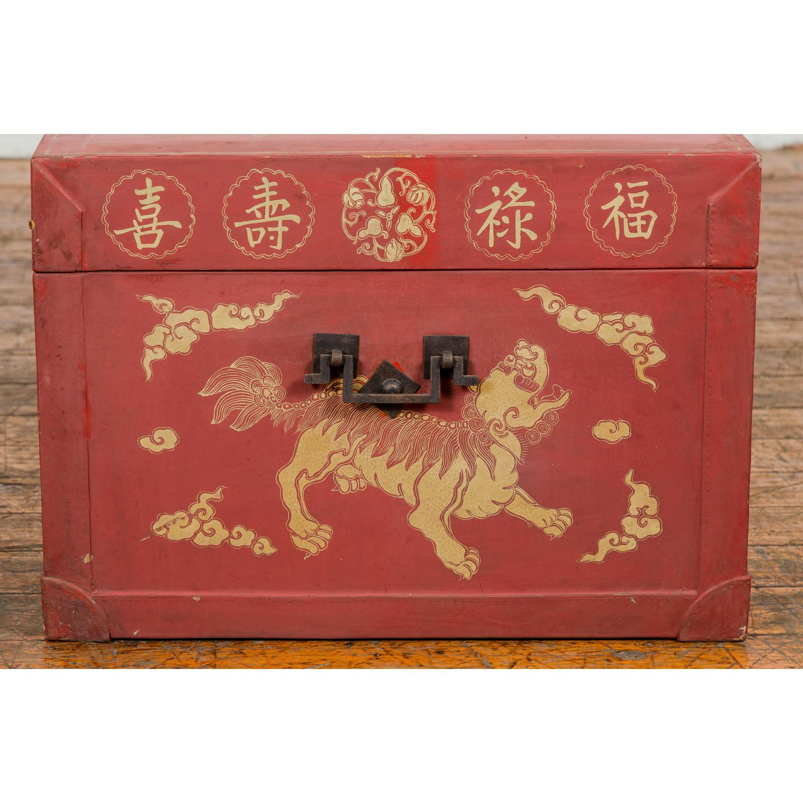 Red Blanket Chest with Gilded Bat & Guardian Lion Motifs