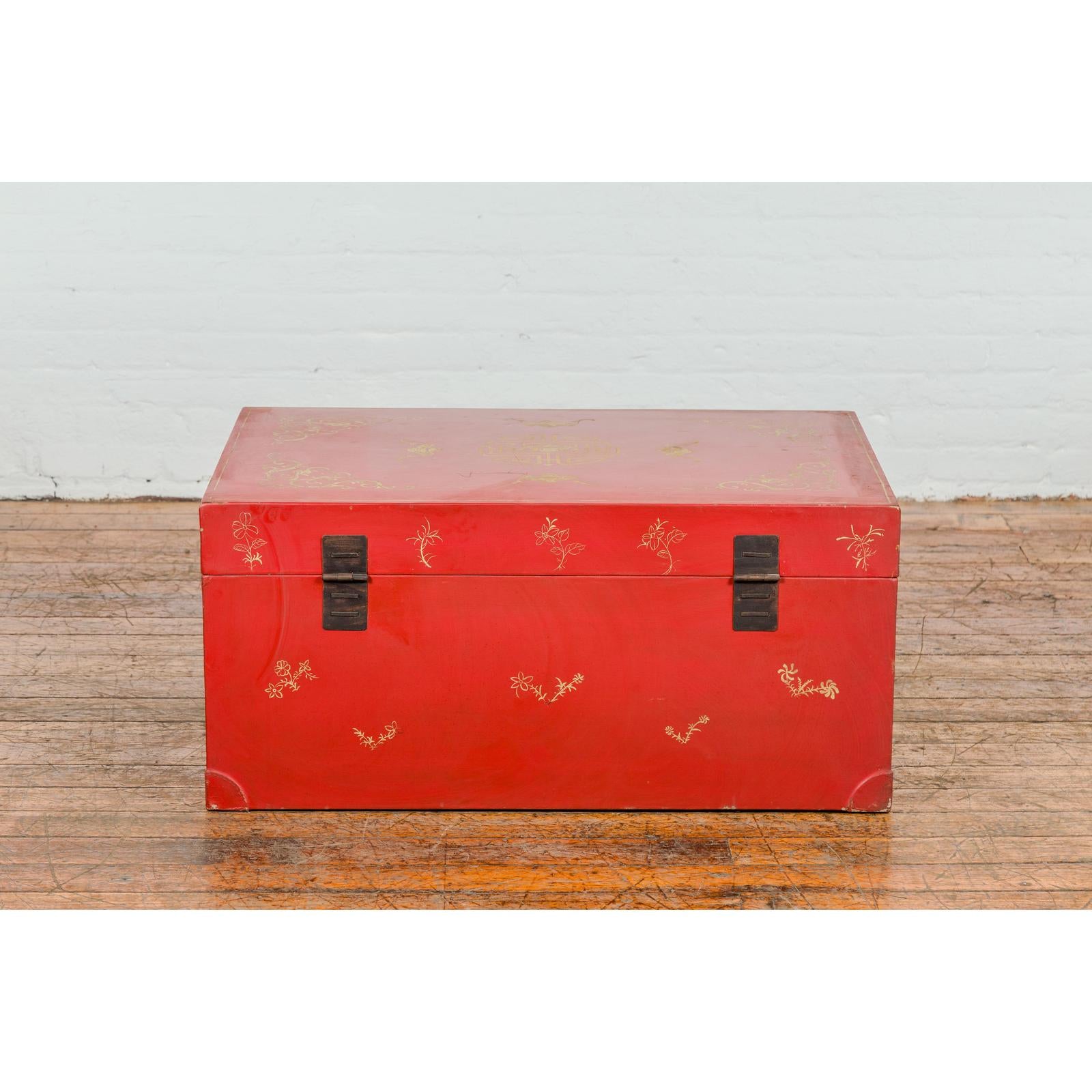 Red Blanket Chest with Gilded Bat & Guardian Lion Motifs