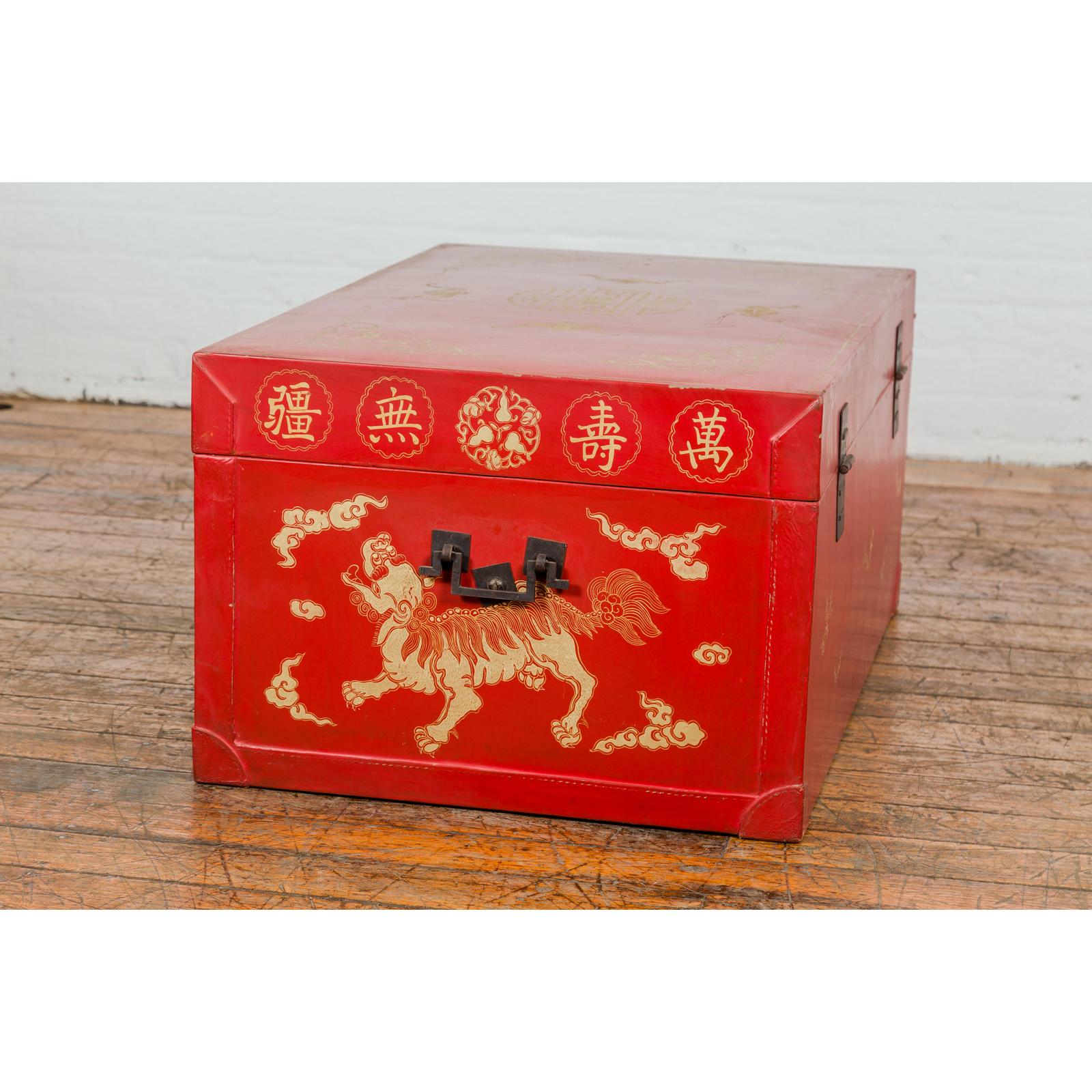 Red Blanket Chest with Gilded Bat & Guardian Lion Motifs