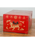 Red Blanket Chest with Gilded Bat & Guardian Lion Motifs