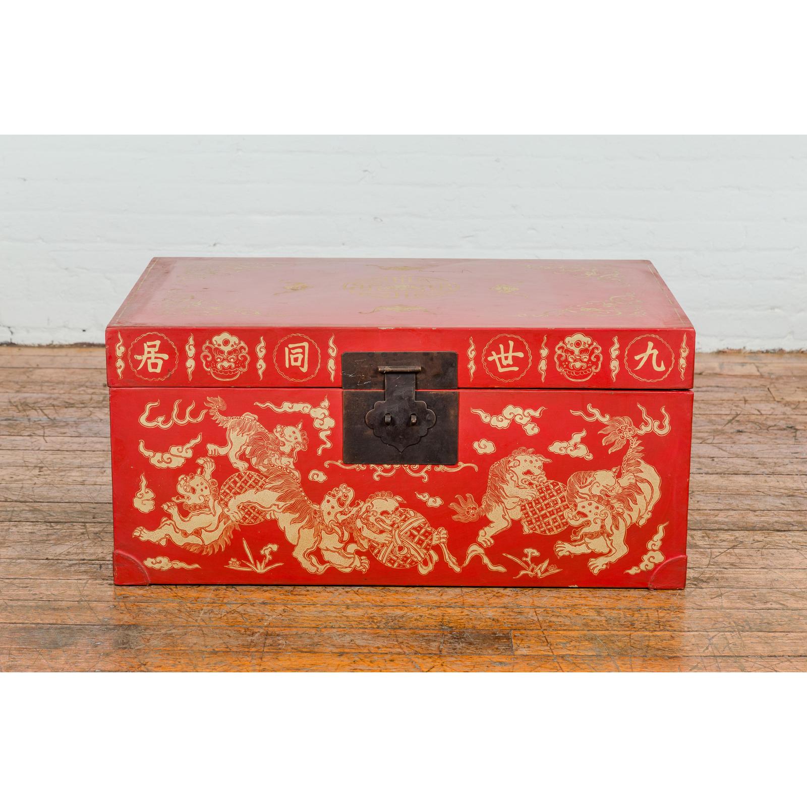 Red Blanket Chest with Gilded Bat & Guardian Lion Motifs