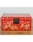Red Blanket Chest with Gilded Bat & Guardian Lion Motifs