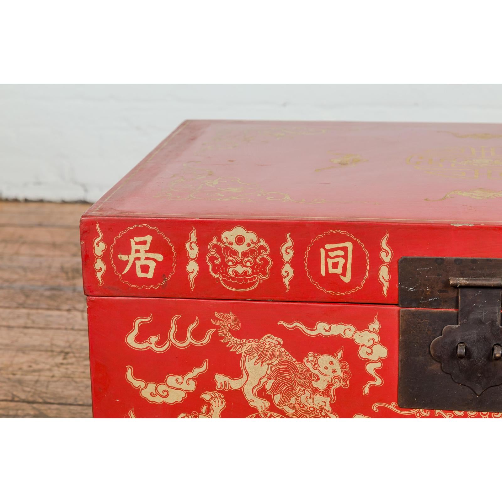Red Blanket Chest with Gilded Bat & Guardian Lion Motifs