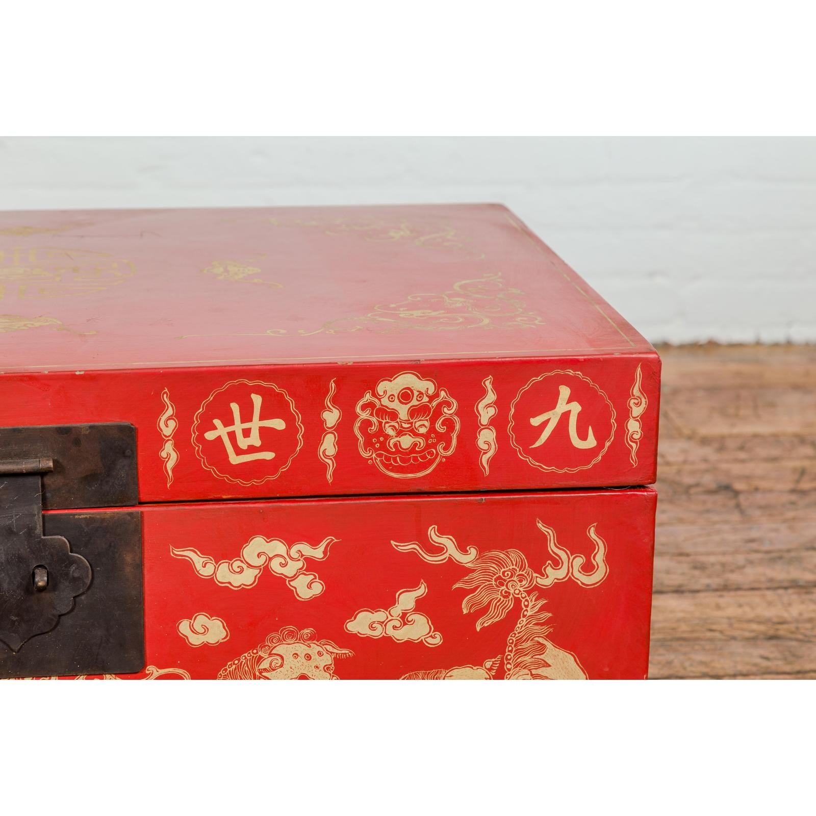 Red Blanket Chest with Gilded Bat & Guardian Lion Motifs