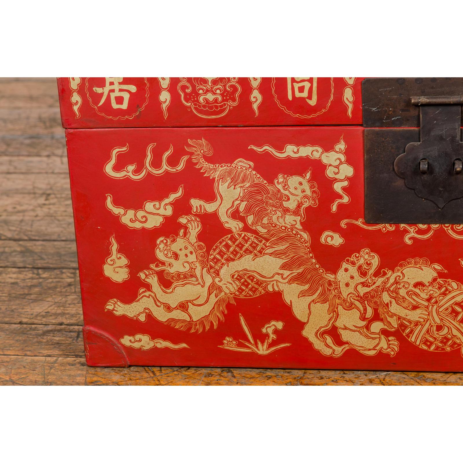 Red Blanket Chest with Gilded Bat & Guardian Lion Motifs