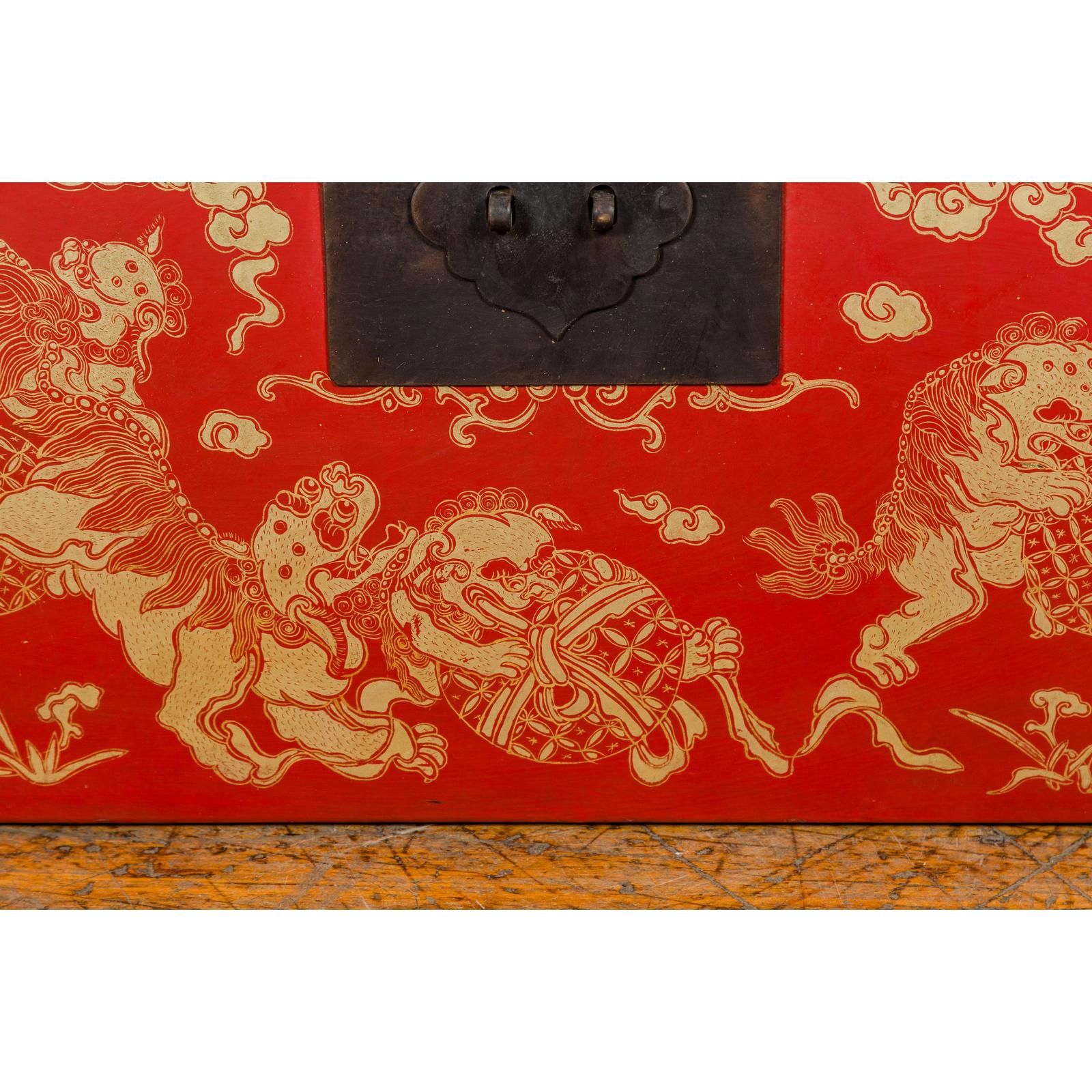 Red Blanket Chest with Gilded Bat & Guardian Lion Motifs