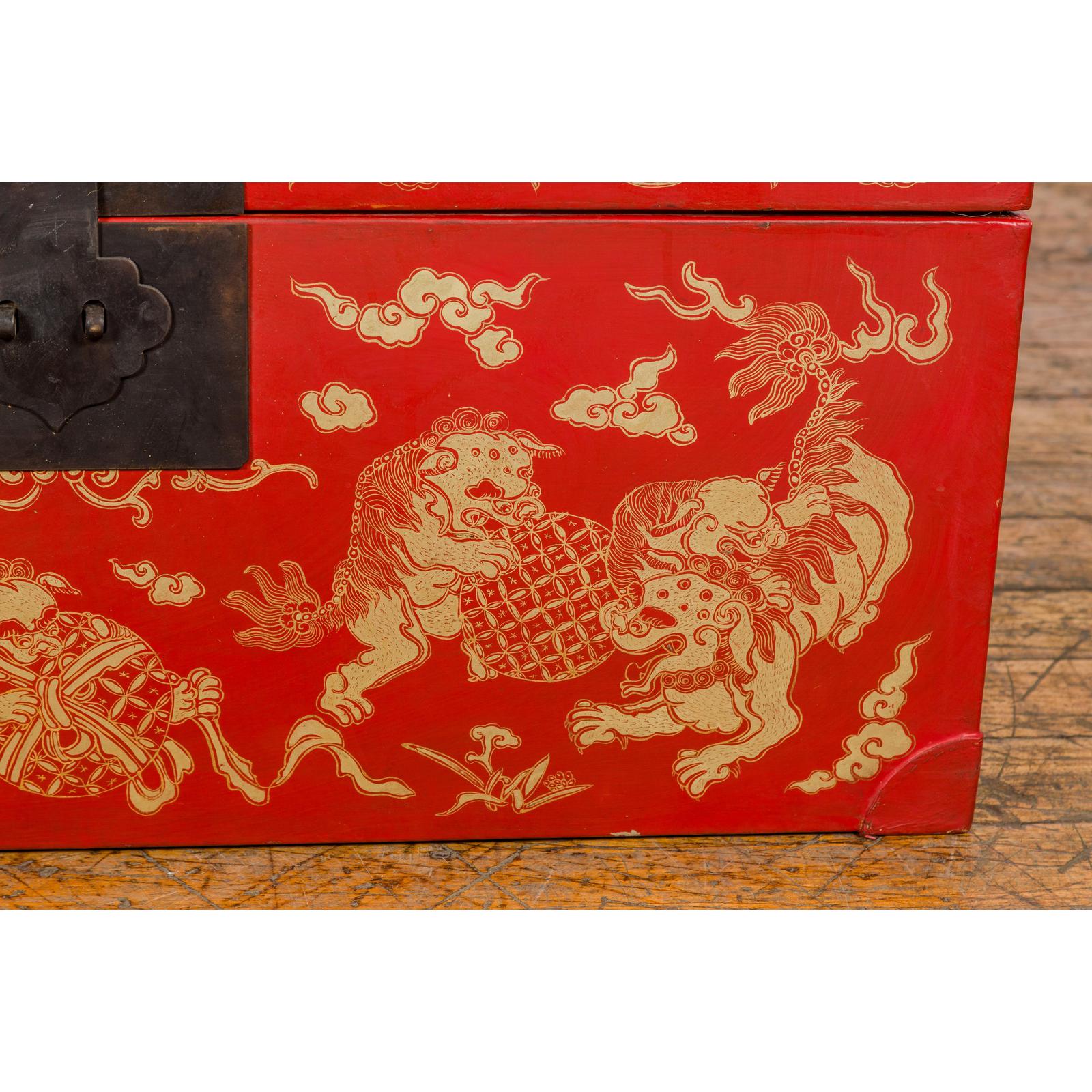 Red Blanket Chest with Gilded Bat & Guardian Lion Motifs