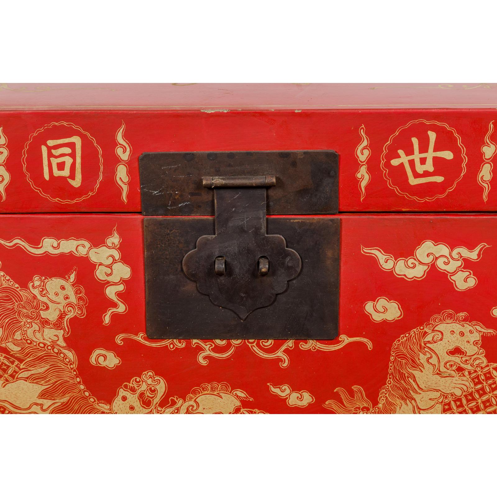Red Blanket Chest with Gilded Bat & Guardian Lion Motifs