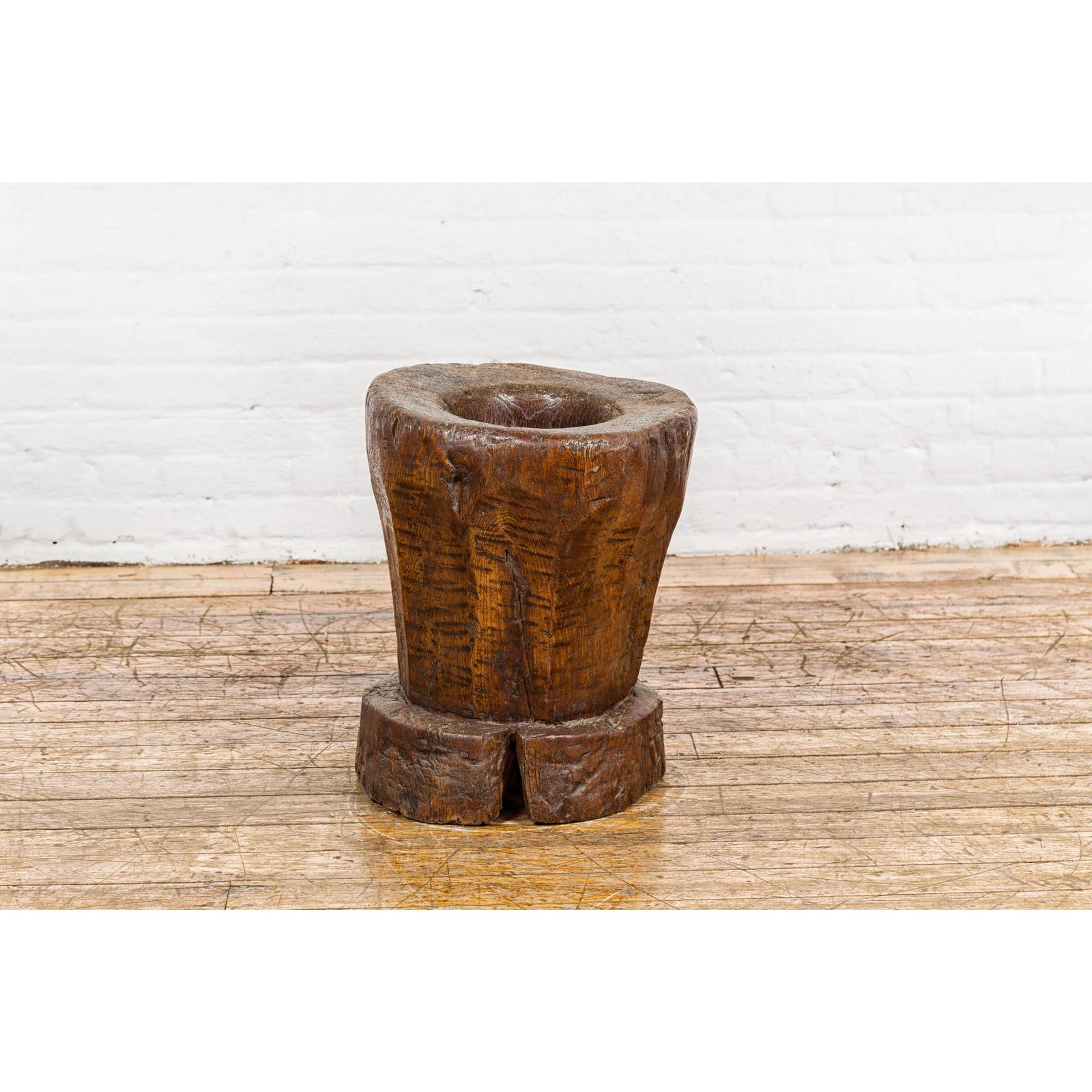 Teak Wood Rustic Mortar Urn Repurposed as an Antique Planter, 19th Century